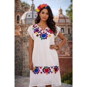 Mexican Traditional Floral Embroidered Pullover Shirt Dress 100% Cotton Size M